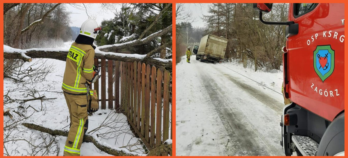 ZAGÓRZ: Złamane drzewo i pojazd na oblodzonym poboczu (ZDJĘCIA)