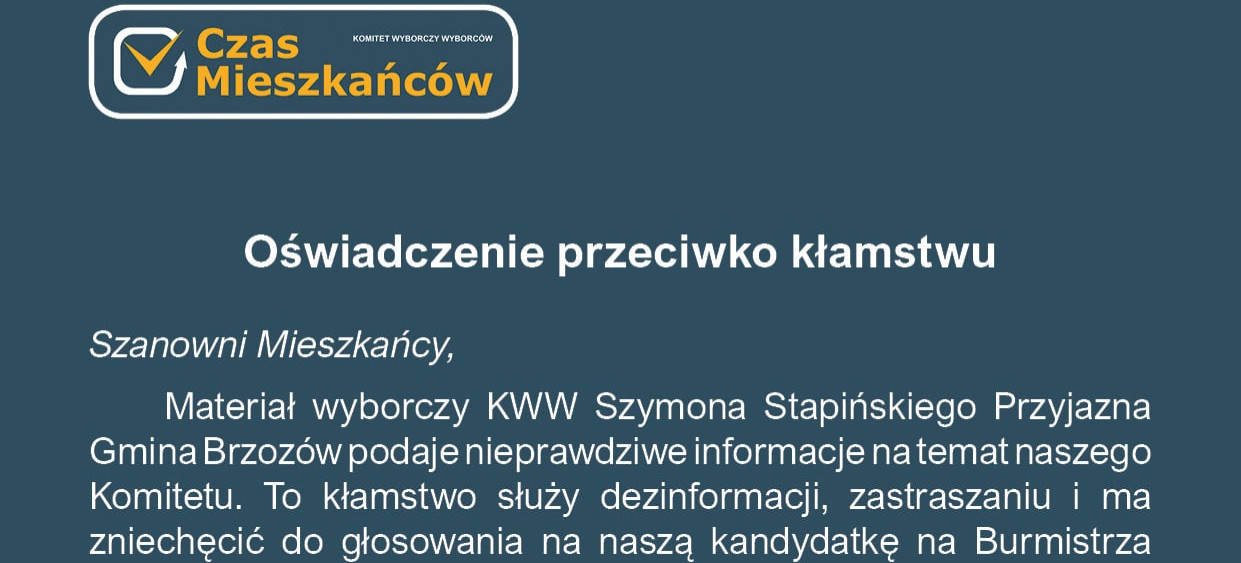 Oświadczenie KWW CZAS MIESZKAŃCÓW przeciwko nieprawdziwym informacjom