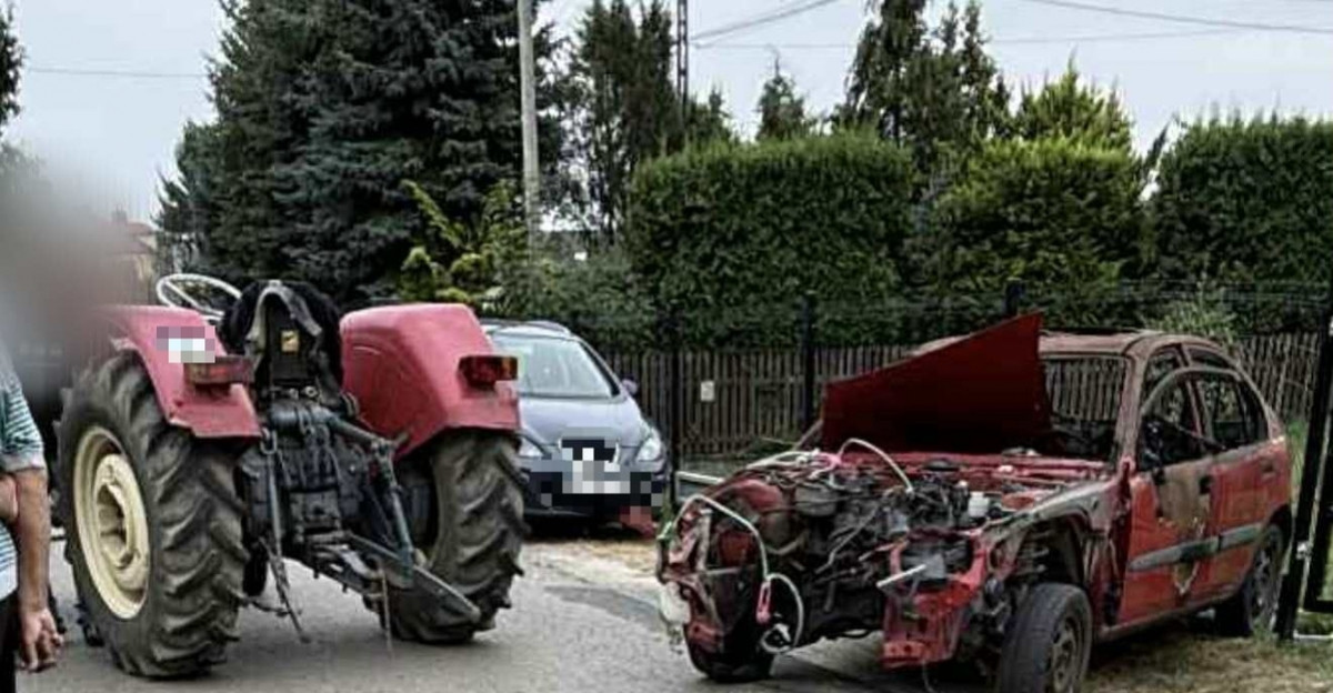 Ciągnikiem holował wrak samochodu. Uderzył w ogrodzenie. Miał prawie 3 promile