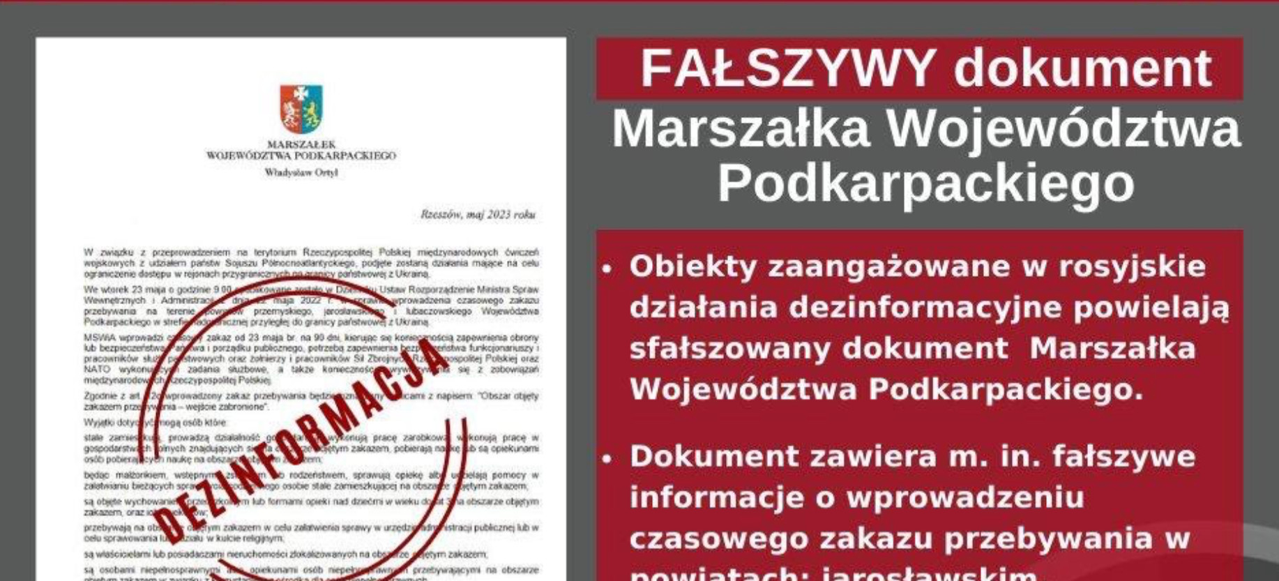 PODKARPACIE. UWAGA! FAŁSZYWY dokument Marszałka Województwa Podkarpackiego. Komunikat RCB