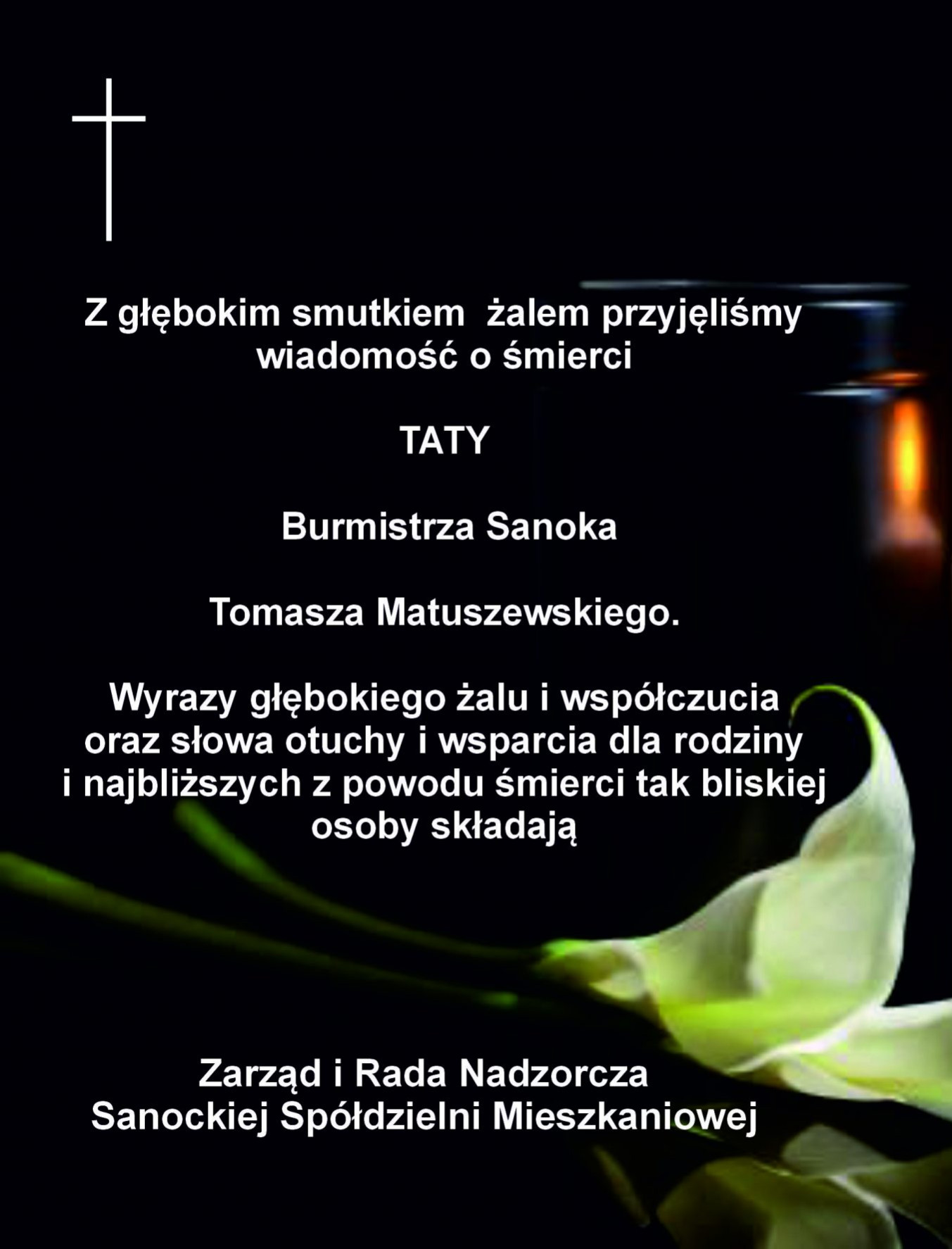 Wyrazy współczucia z powodu śmierci Taty dla Burmistrza Sanoka Tomasza Matuszewskiego