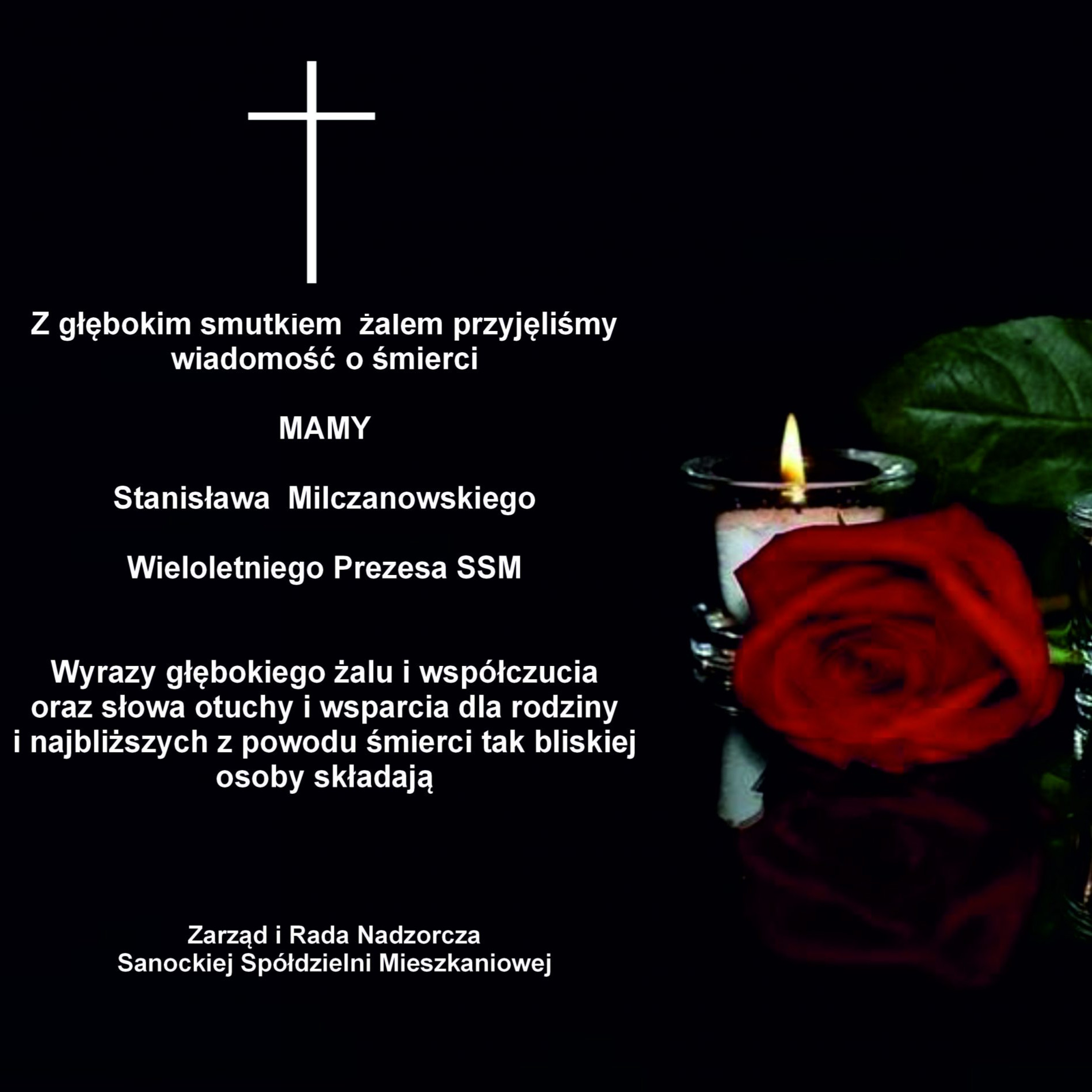 Kondolencje dla Stanisława Milczanowskiego od Zarządu i Rady Nadzorczej SSM