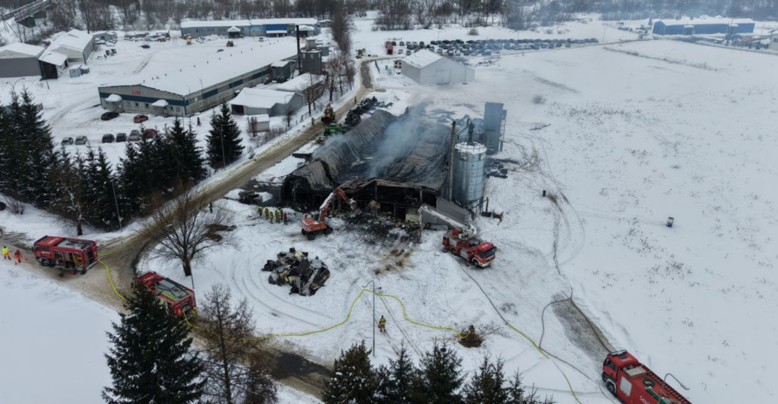 ZAGÓRZ: Pożar hali produkcyjnej. Dach zawalił się w trakcie akcji [VIDEO, ZDJĘCIA]