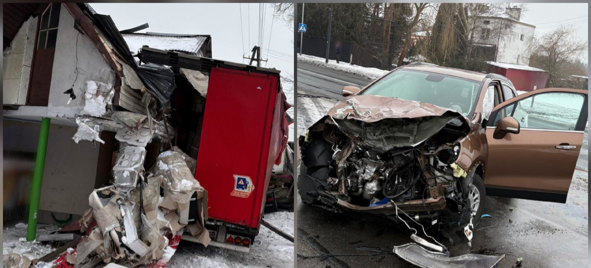 JASŁO: „Drogowy pojedynek” Rumuna i Bułgara. Ciężarówka wpadła w budynek po zderzeniu z osobówką